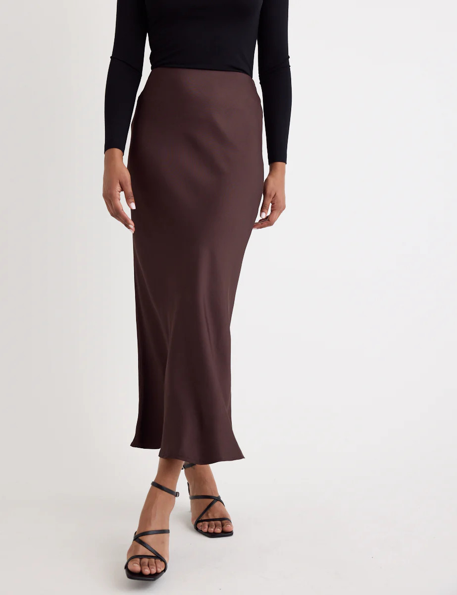 Brown Satin Mila Midi Slip Skirt | Nobody's Child