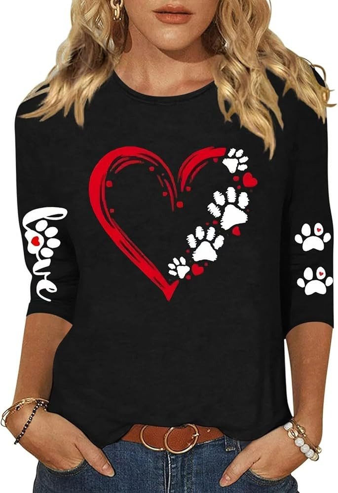 Women's Valentine 3/4 Sleeve Round Neck Shirt Funny Love Heart Graphic Tee Casual Couple Top Blou... | Amazon (US)