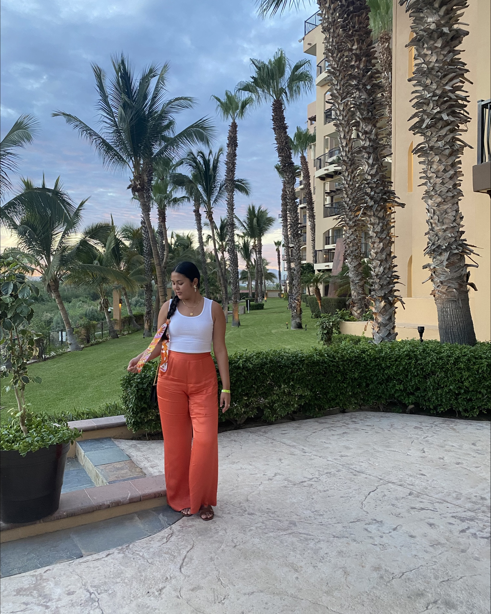 Beach Vacation outfit inspo ✨ I wore this outfit to a cute dinner in Cabo. I love wearing silk hair scarves in the summer, adds alot of fun color 🍊  full vlog of the vacay is on my YouTube :) 

#LTKTravel #LTKootd