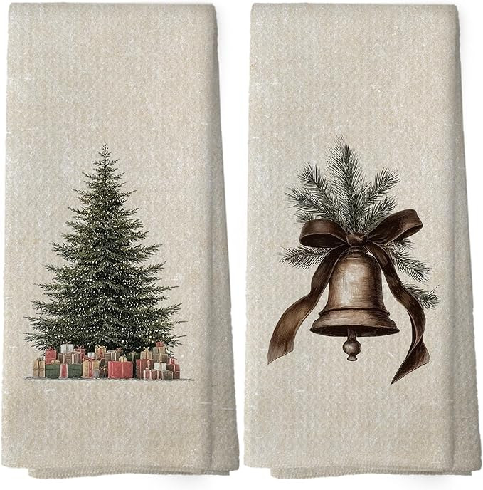XPH Vintage Christmas Bell Tree Kitchen Dish Towels Set of 2, Christmas Kitchen Gifts, Rustic Far... | Amazon (US)