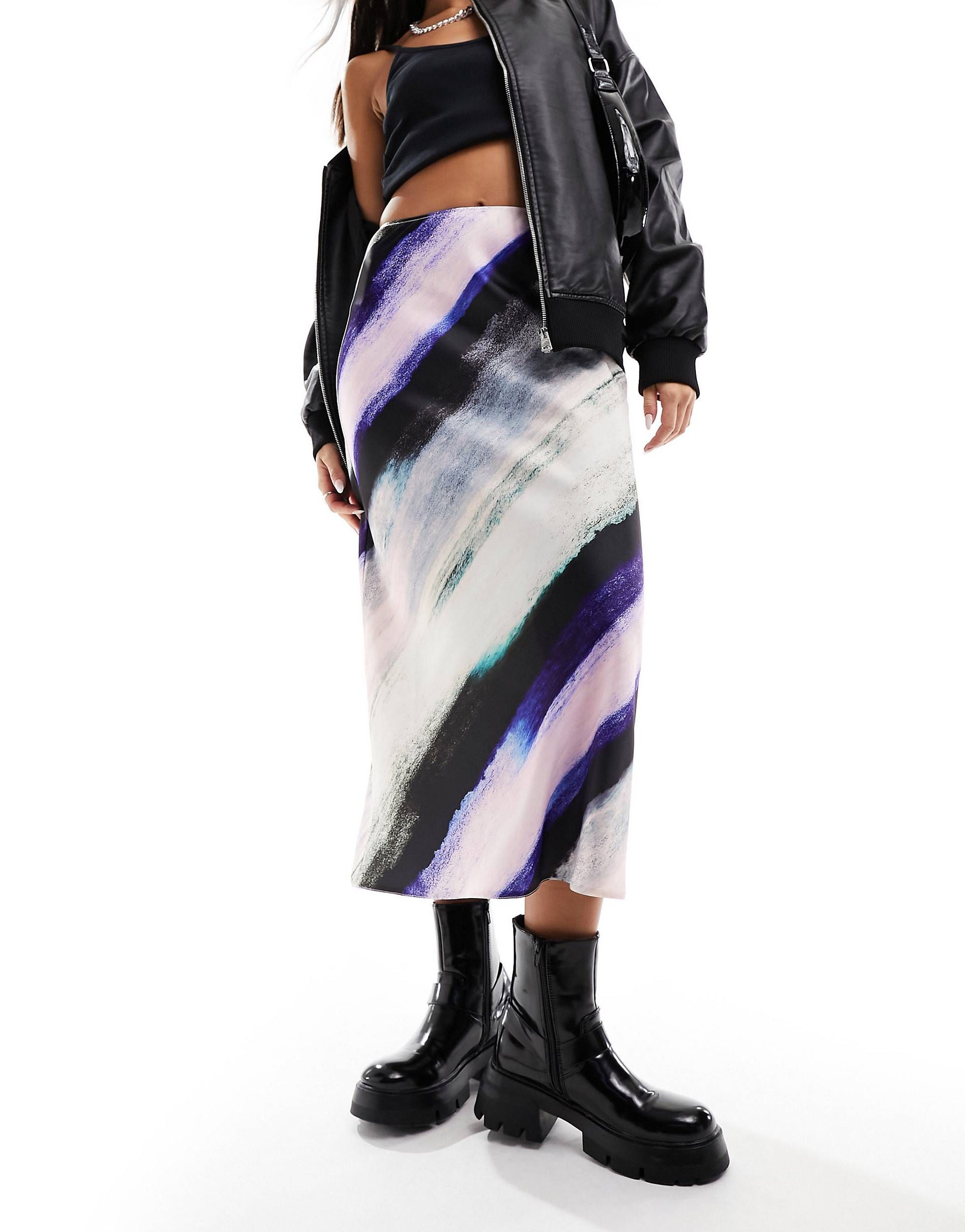 ASOS DESIGN satin bias midi skirt in large stripe | ASOS (Global)