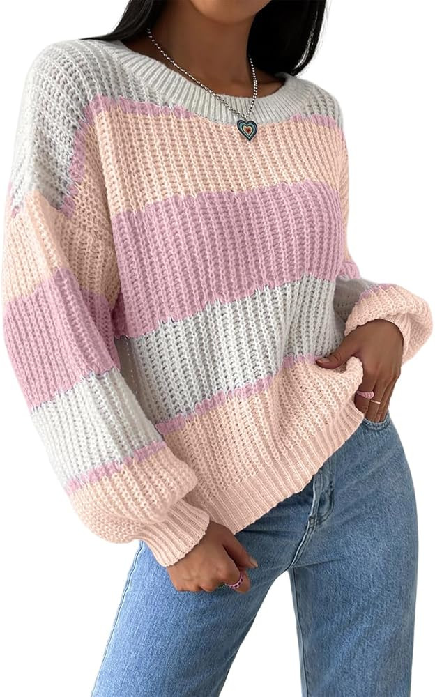 SKAYS Women's Colorblock Striped Sweater Casual Loose Round Neck Drop Shoulder Knitted Pullover | Amazon (US)