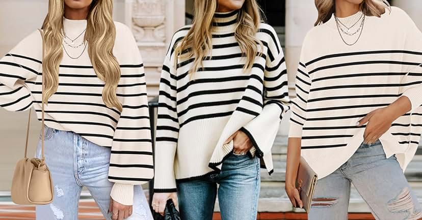 Vanars Women's Casual Striped Sweater Long Sleeve V Neck Collar Pullover Drop Shoulder Knitted Ju... | Amazon (US)