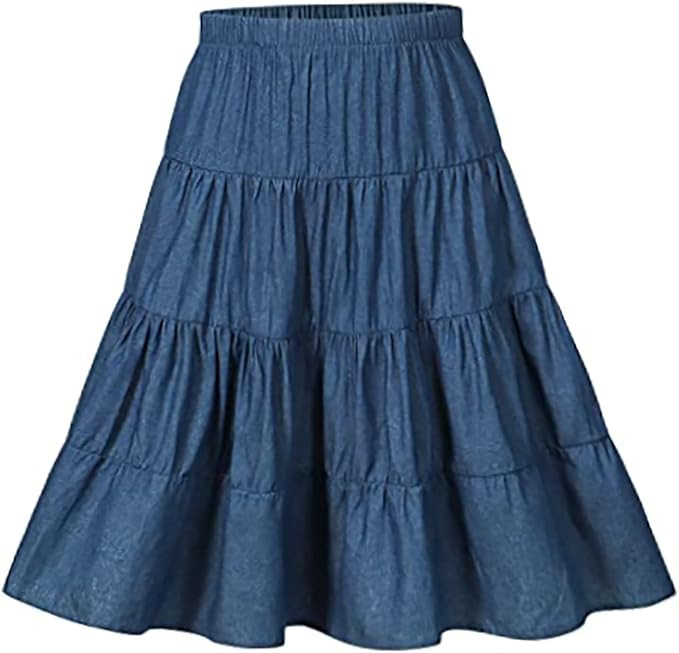J.E Sterguard Skirts for Girls Stretch Waist A-Line Big Swing Middle Length Multilevel Pleated Sk... | Amazon (US)
