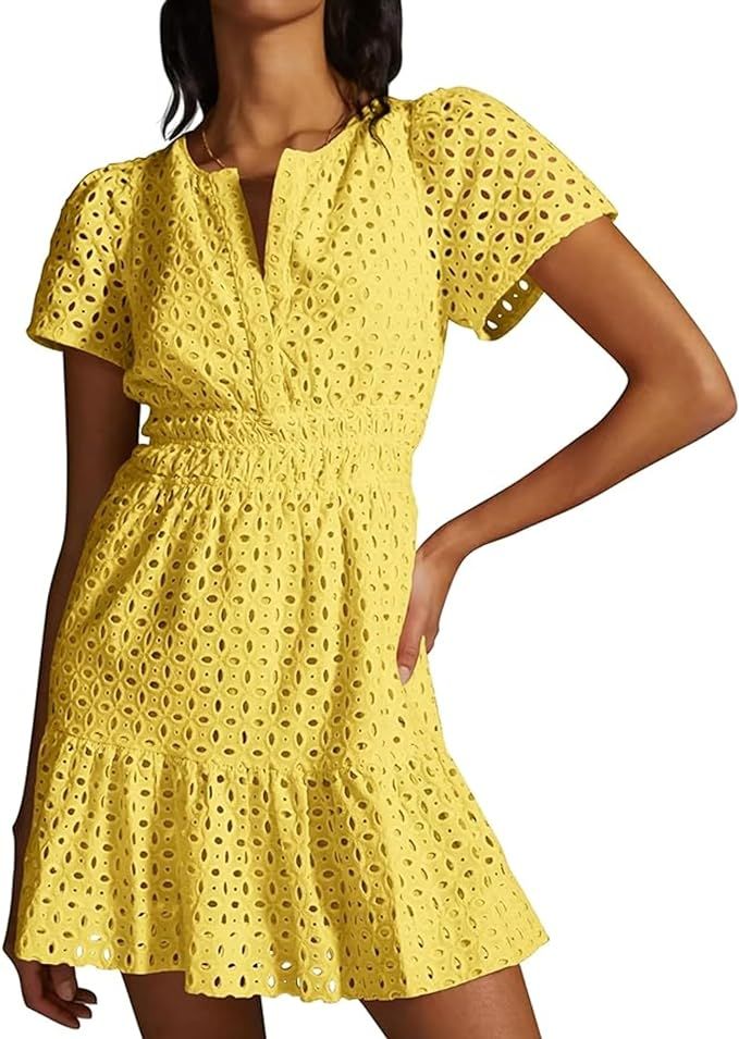 Women's Summer Mini Dress Short Sleeve Hollow Out V Neck Lace Ruffle Casual Cute Beach Short Dres... | Amazon (US)