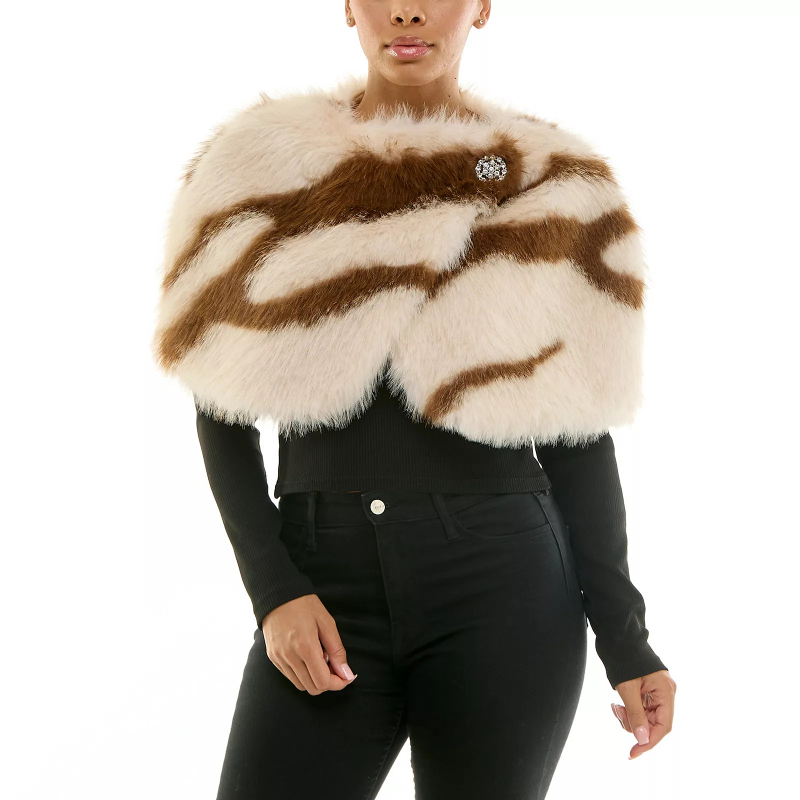 Women's Nina Leonard Faux Fur Caplet Jacket, Size: XL, Ivory Brown | Kohl's