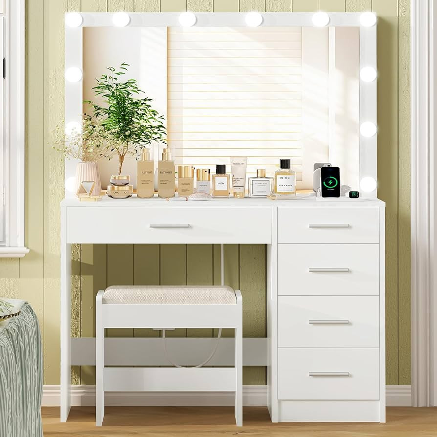 usikey Makeup Vanity with 12 Lights, Vanity Desk with Power Outlet, Makeup Vanity Table with 5 Dr... | Amazon (US)