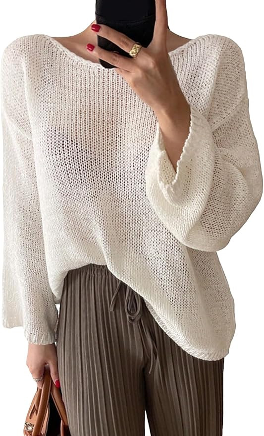COZYEASE Women's Lightweight Sweater Long Sleeve Sheer Mesh Crewneck Drop Shoulder Pullover Sweat... | Amazon (US)