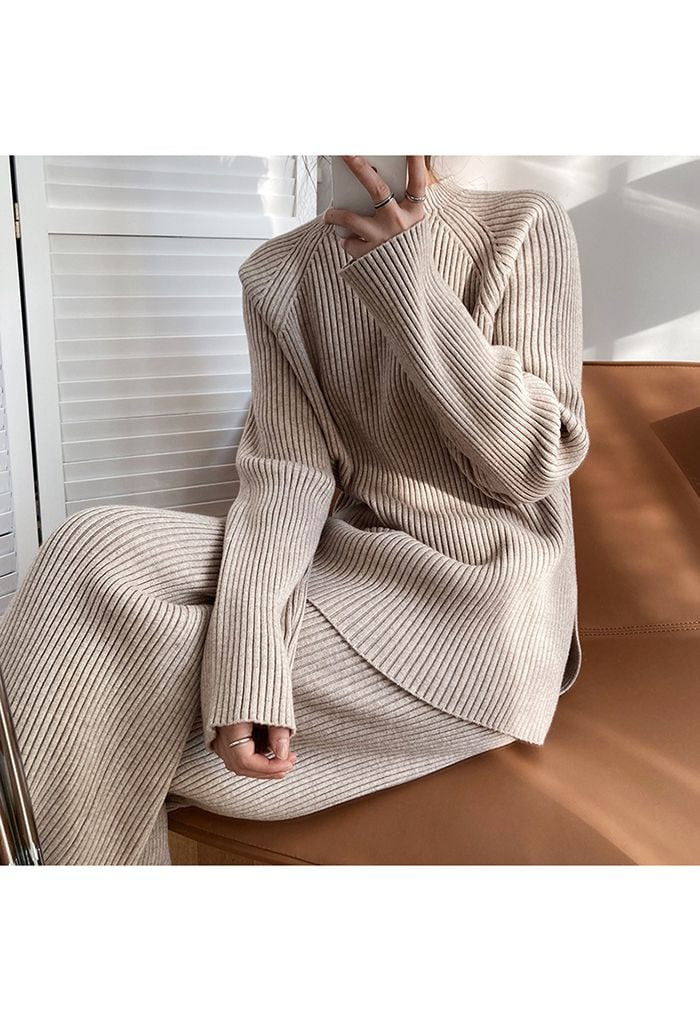 Rib Knit Split Hem Sweater and Pants Set in Sand | Chicwish
