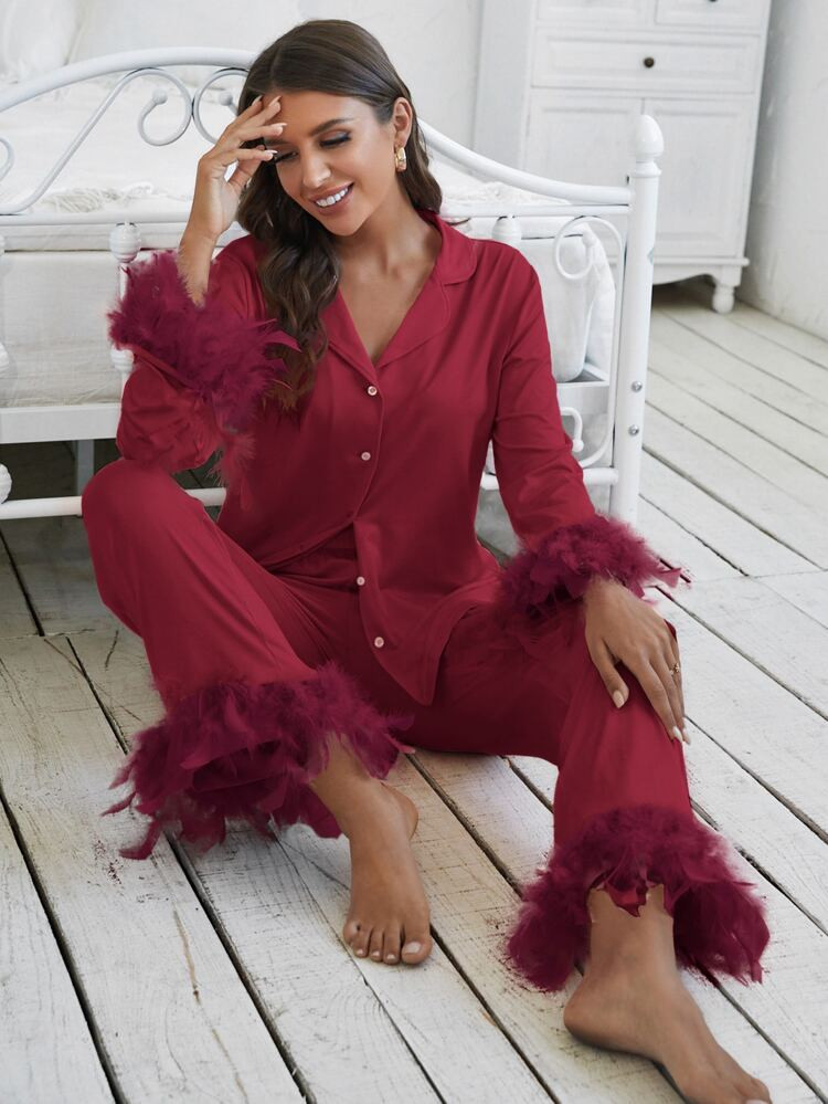 Solid Button Front Blouse & Fuzzy Trim Pants PJ Set | SHEIN