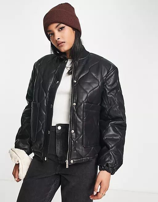 River Island faux leather quilted padded jacket in black | ASOS (Global)