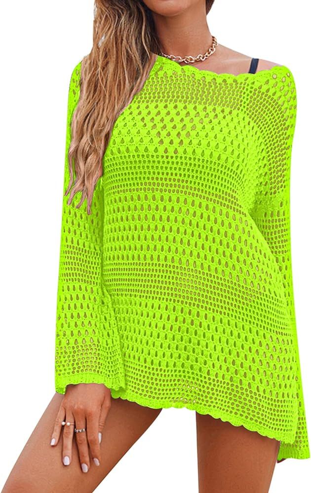 AOLRO Bathing Suit Cover Ups for Women Crochet Long Sleeve Swimsuit Hollow Out Bikini Coverup Tun... | Amazon (US)