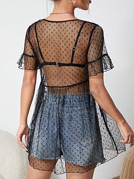 WDIRARA Women's Polka Dots Sheer Mesh Mini Dress Short Sleeve Ruffle Hem Flared Dresses | Amazon (US)