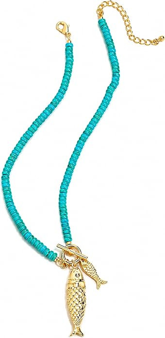 Fish Jewelry for Women, Turquoise Beaded Fish Pendant Necklace, Boho Beach Summer Necklace, Green... | Amazon (US)