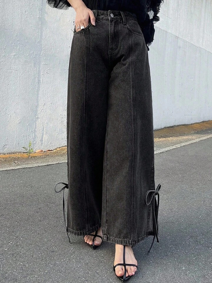 FRIFUL Women's Fashionable Casual Bowknot Tie Loose Fit Denim Jeans Bow Jeans Tie Jeans Black Jea... | SHEIN