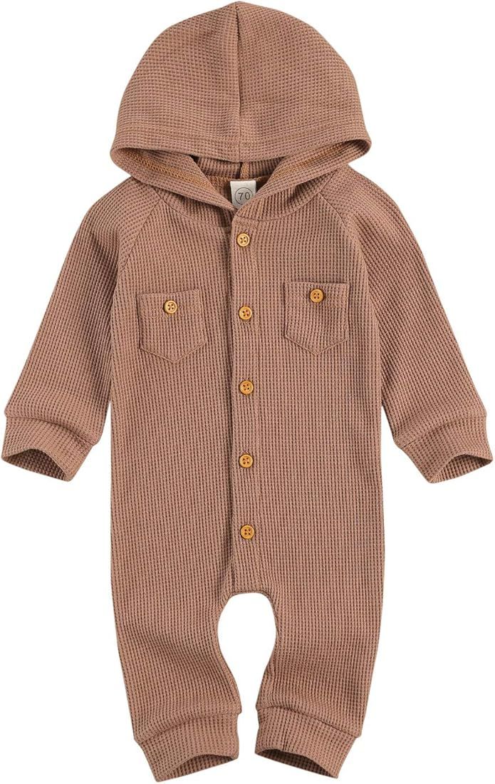 Ynibbim Winter Newborn Baby Boy Girl Solid Romper Unisex Infants Hooded Outfit Clothes Waffle Cotton | Amazon (US)