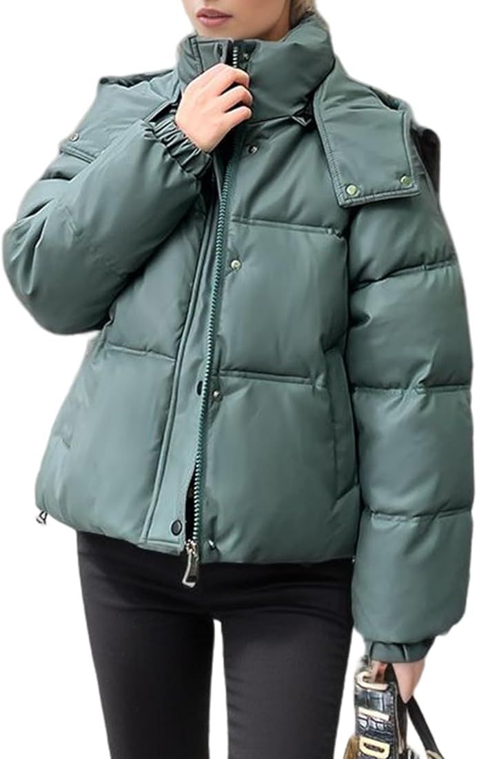 Women's Puffer Jackets Detachable Hoodie Long Sleeve Stand Collar Loose Outerwear | Amazon (US)