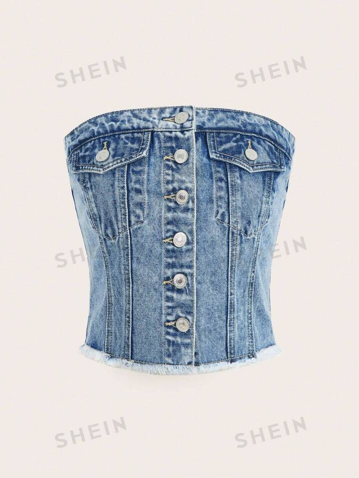 SHEIN MOD Raw Hem Button Front Tube Denim Top | SHEIN