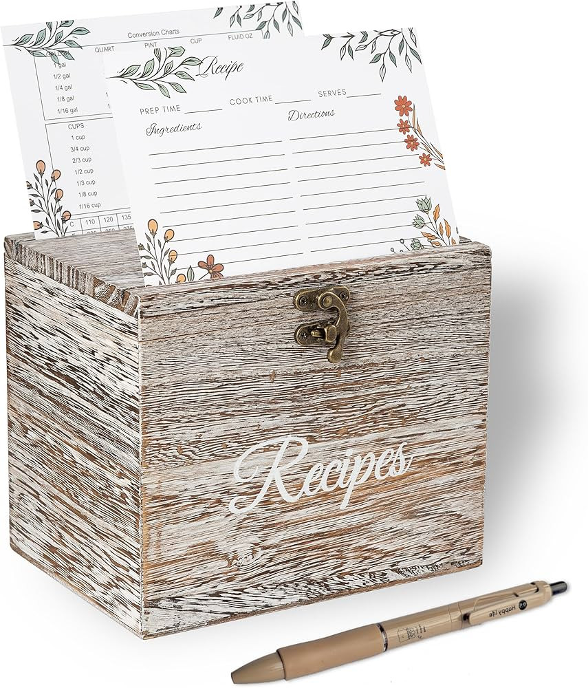 Isabel Steve Wood Rustic Recipe Box with Pen, 100 Premium Double-Sided Cards, 10 Customizable Div... | Amazon (US)
