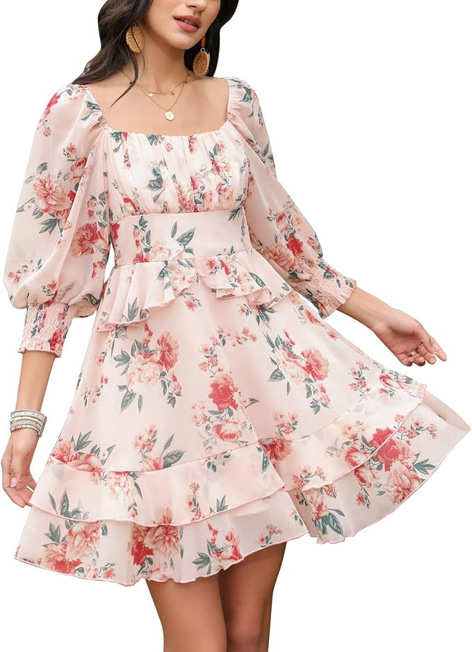 EXLURA Womens Floral Ruffle Summer Dress Sundress Tiered Square Neck Off Shoulder Smocked Skater ... | Amazon (US)