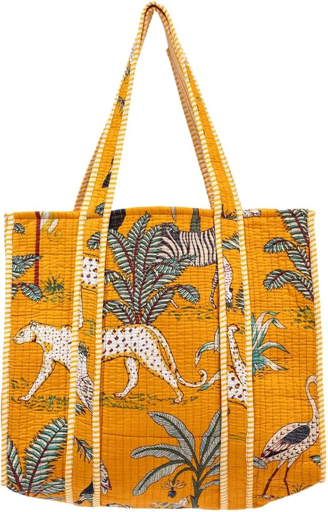 Quilted Large Cotton Fabric Tote Bag Travel Grocery Shopping Weekend Trips with Inside Pocket -Tr... | Amazon (US)