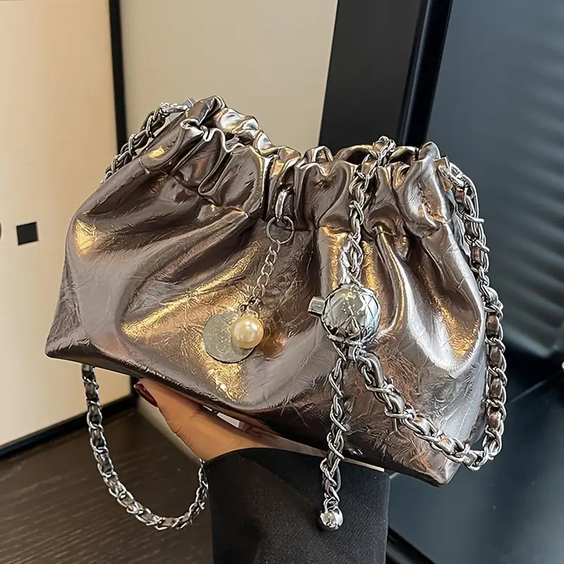 Women's Metallic Silver PU Leather Shoulder Bag, Fashionable Chain Strap Bucket Crossbody Purse, ... | Temu Affiliate Program