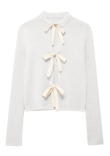 Pinclodly Bow Sweater Women Long Sleeve Crewneck Sweater Cute Contrast Bow Tie Front Cardigan Sweaters Y2K Cardigans Lightweight | Amazon (US)