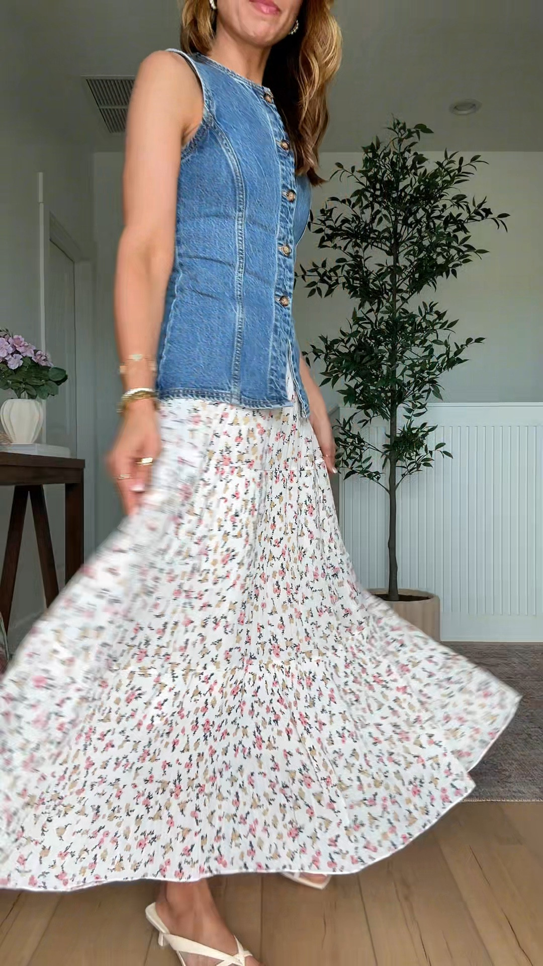 My church #ootd here. Spring outfit. Elevated casual. Amazon floral maxi skirt in size small, color ‘shiny floral’. Denim vest is older, linking similar. Cream kitten heels are TTS. 

#LTKgrwm #LTKSeasonal #LTKootd