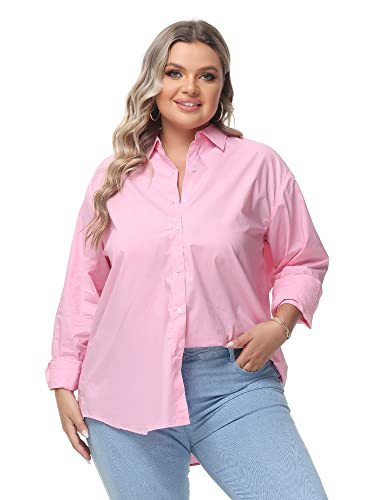 MCEDAR Women's Oversized Button Down Shirts Casual Plus Size Boyfriend Shirt Long Sleeve Striped Blouse Pink10005-1X | Amazon (US)