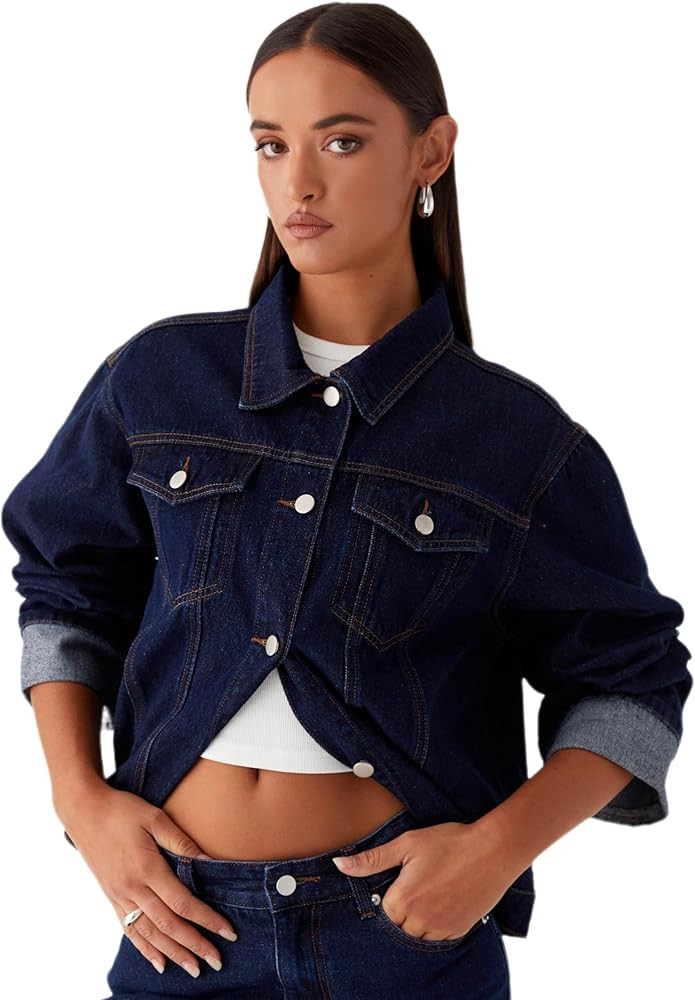 Women's Classic Collared Folded Cuffs Dark Indigo Denim Jacket | Amazon (US)
