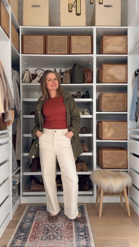 Green khaki parka jacket, white straight jeans, red top, leopard animal print ballet flats

#LTKstyletip #LTKSeasonal #LTKeurope