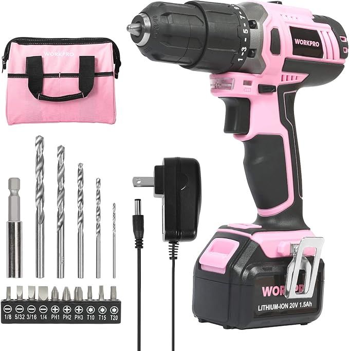 WORKPRO Pink Cordless 20V Lithium-ion Drill Driver Set, 1 Battery, Charger and Storage Bag Includ... | Amazon (US)