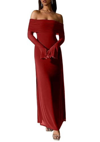 yontuxa Women Off Shoulder Bodycon Maxi Dress Long Sleeve Mesh Ruched Party Formal Wedding Guest Dresses Red | Amazon (US)