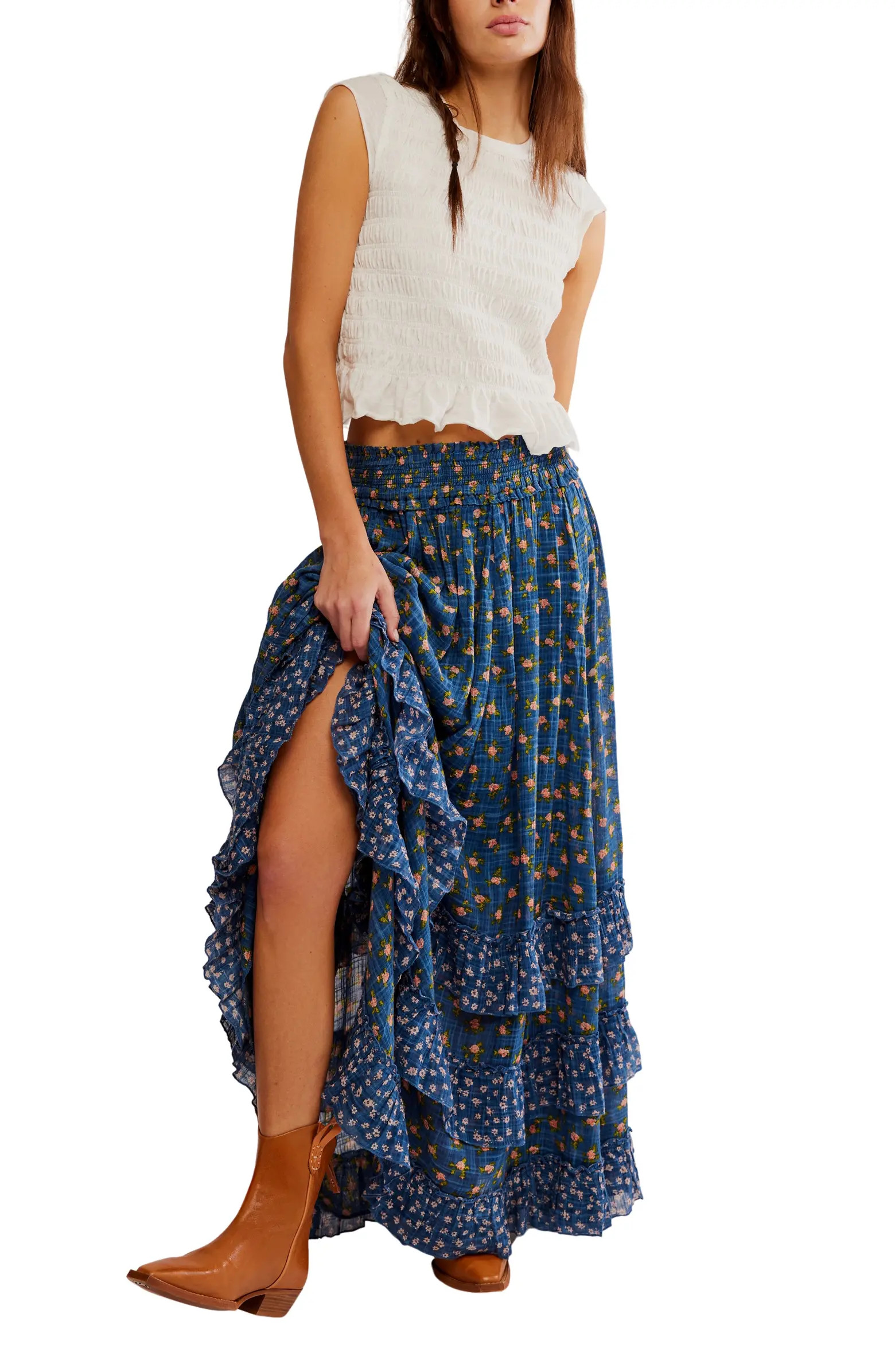 Brynn Mixed Floral Tiered Cotton Blend Maxi Skirt | Nordstrom