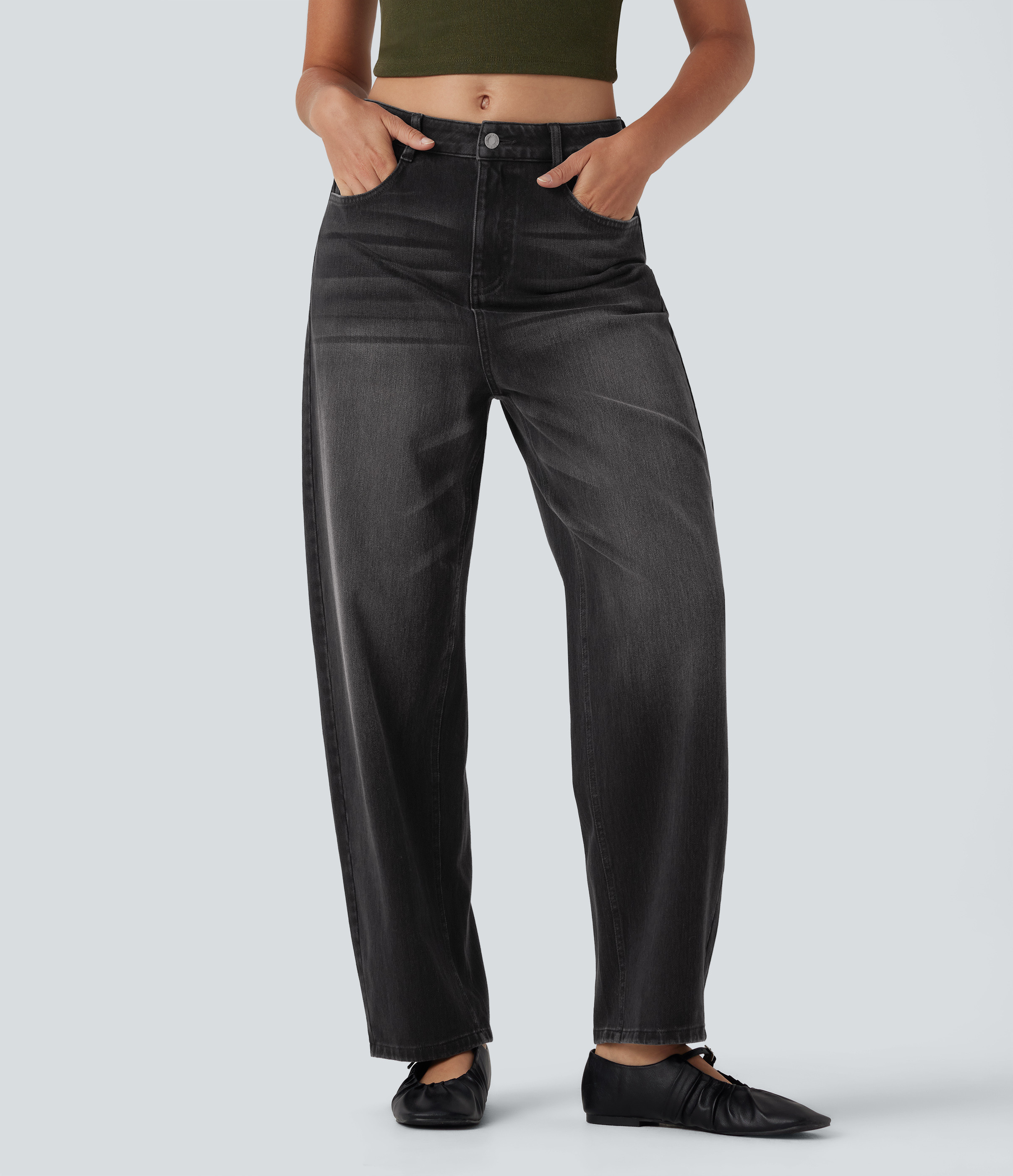 Halara Halara Flex™ High Waisted Washed Casual Barrel Leg Jeans with Pockets - Phantom Denim - XS(regular) | HALARA