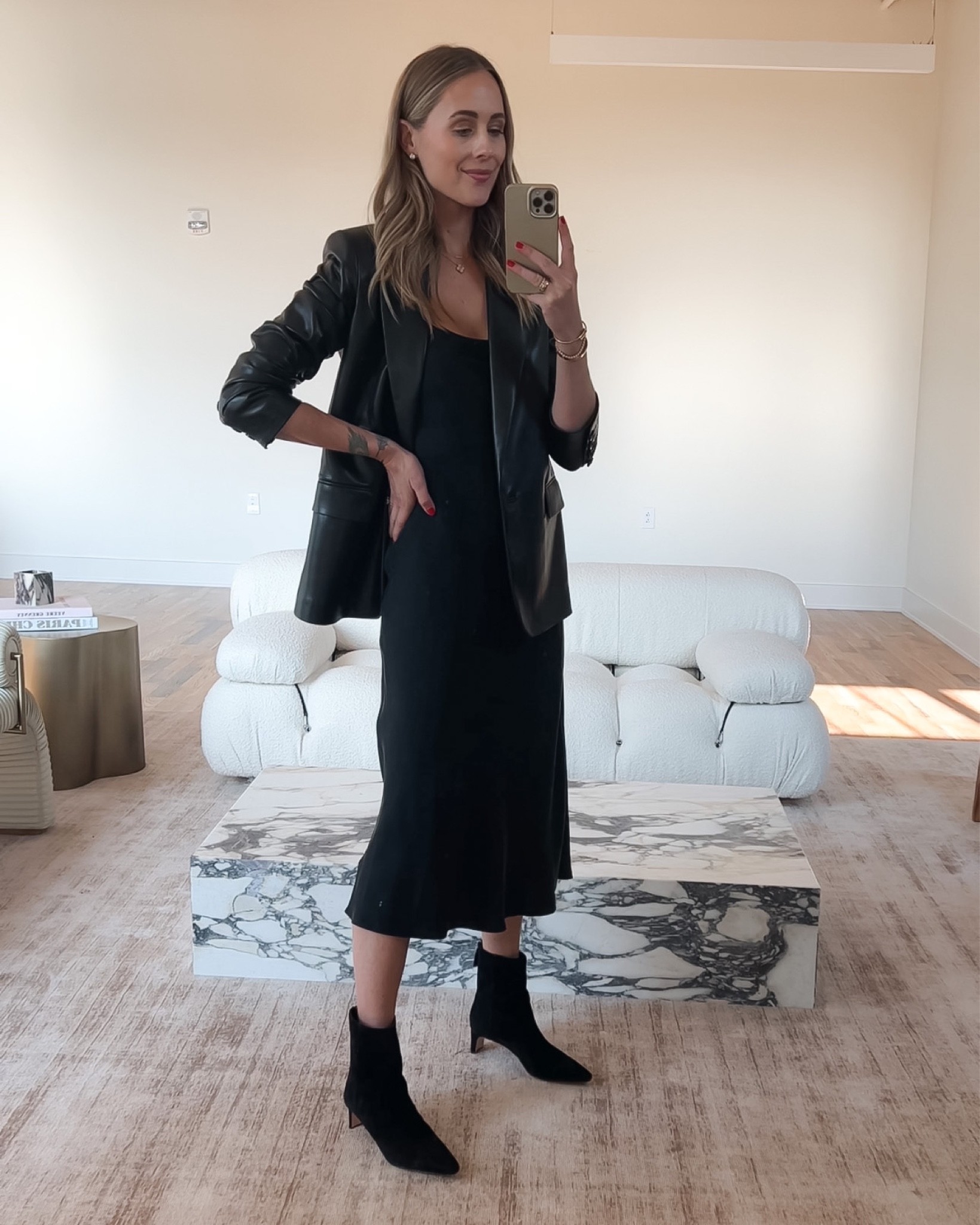 Fashion Jackson wearing fall capsule outfit, black vegan leather blazer, black slip dress, black booties, Shopbop sale #fashionjackson #fallfashion  

#LTKshoecrush #LTKstyletip #LTKsalealert
