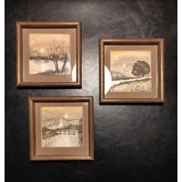 Set Of Three Small Vintage Brown Wooden Frames With Antique Paper Watercolor Original Paintings/Glass Coated Frame | Etsy (US)