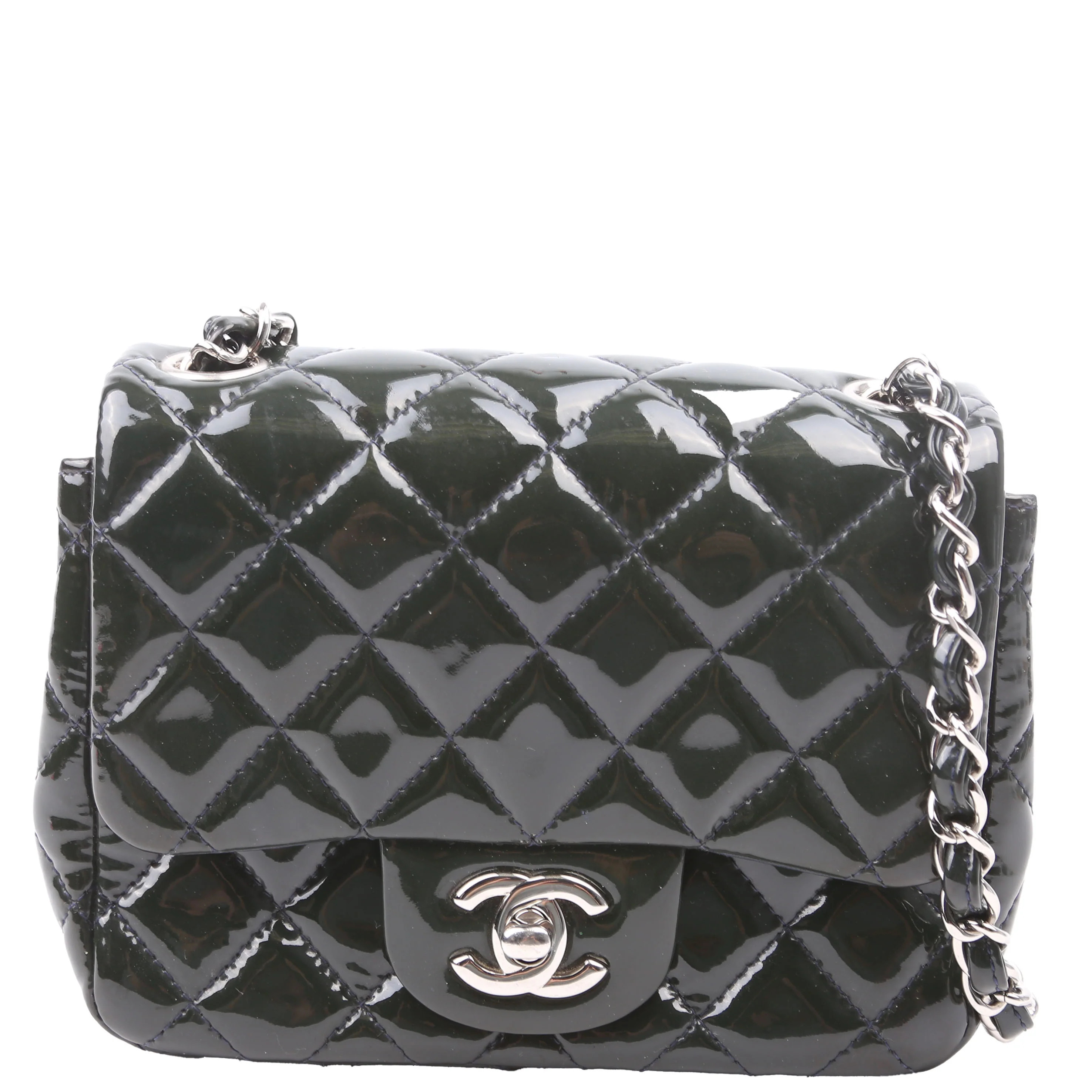 Classic Flap Mini Square Patent 19M Green | Keeks Designer Handbags