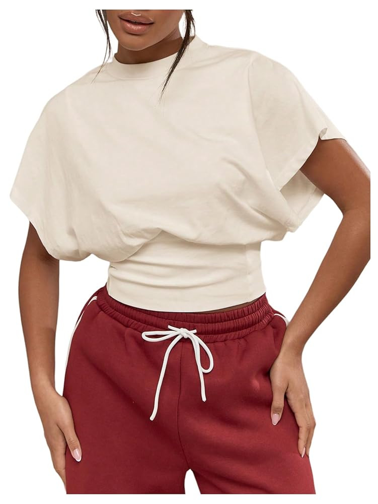 SHENHE Women's Cap Sleeve Dolman T Shirt Crew Neck Cinched Waist Loose Summer Crop Top | Amazon (US)