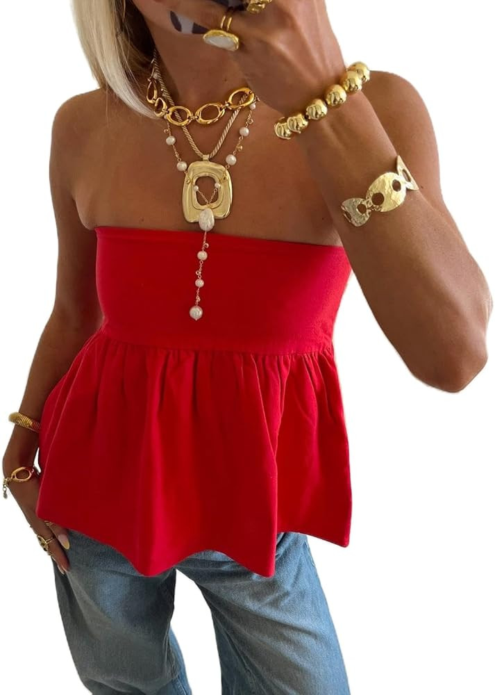 Womens’s Ruffle Tube Tops Casual Strapless Peplum Flowy Bandeau Tank Top Sleeveless Blouse Shir... | Amazon (US)