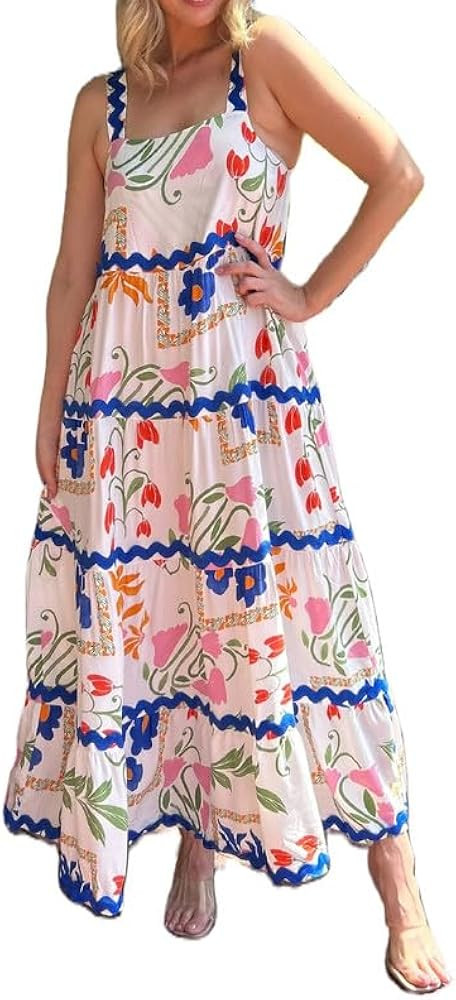 NUFIWI Women Boho Graffiti Cami Long Dress Graphic Spaghetti Strap Flowy Swing Maxi Dress Square ... | Amazon (US)