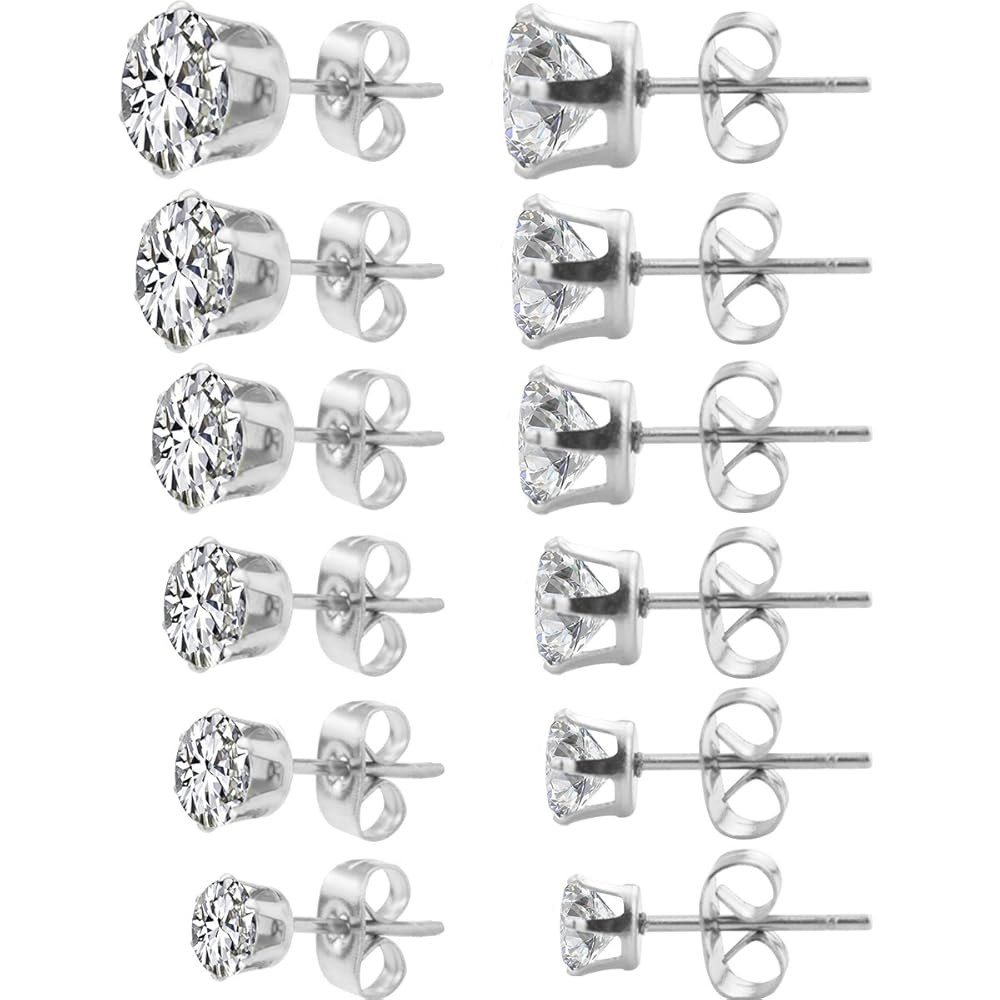 HOVEOX 6 Pairs Alloy Womens Stud Earrings Round Clear Cubic Zirconia Inlaid Simulated Diamond Rhi... | Amazon (US)