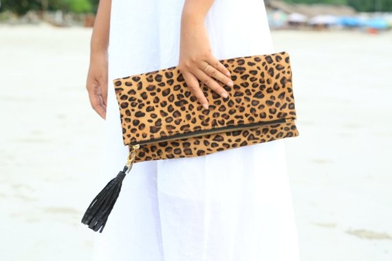 Cheetah camel, Leopard fold over clutch, leopard print leather clutch, calf hair zipper clutch, l... | Etsy (US)
