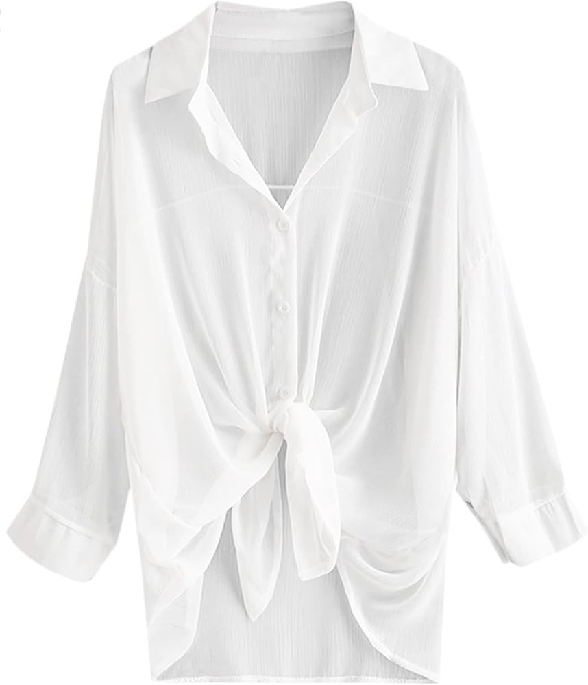 ZAFUL Women's Beach Swimsuit Cover Up Sheer Lace Embroidered Kimono Cardigan | Amazon (US)