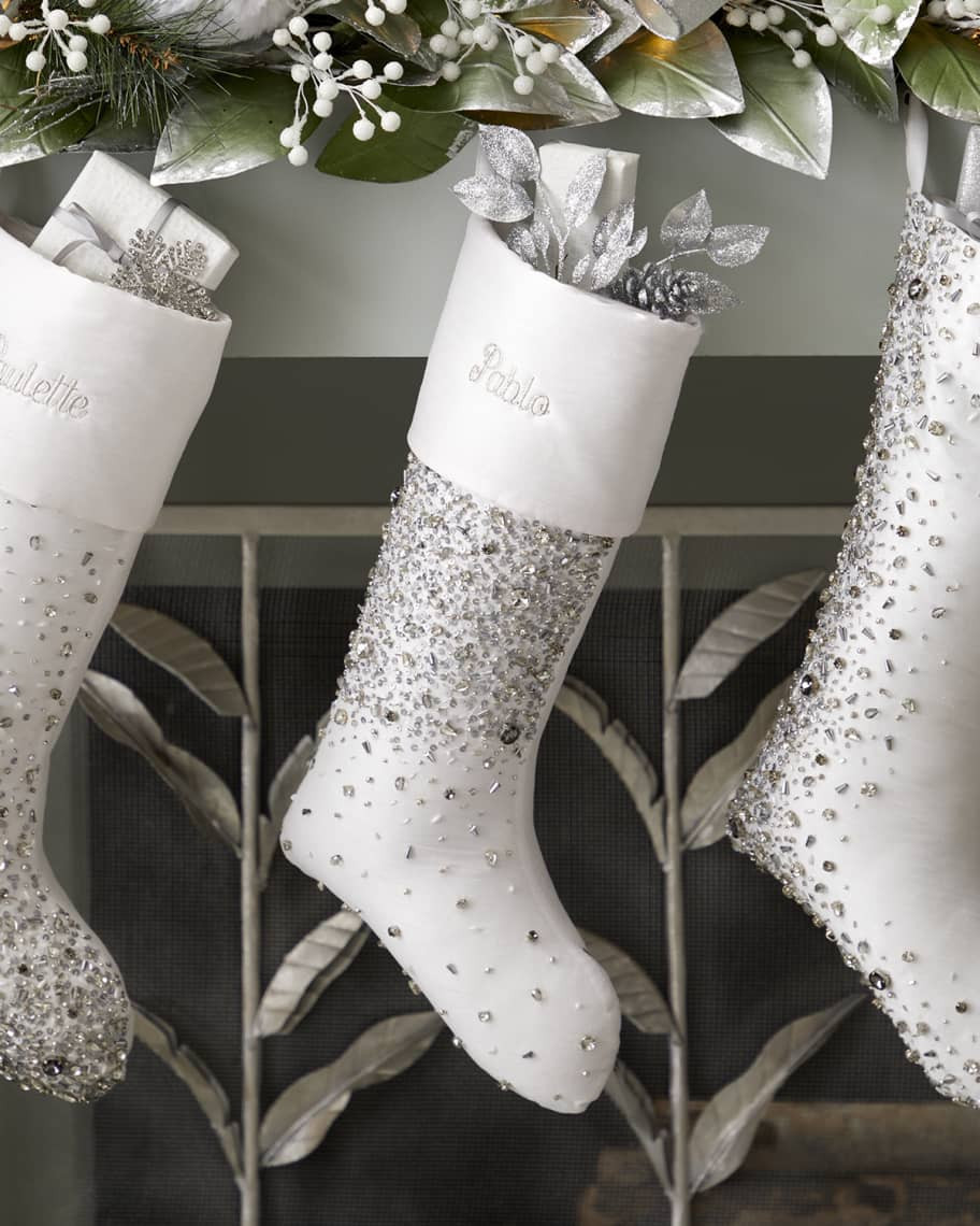 Neiman Marcus 19" Crystal and Silver Scattered Top Bead Plain Cuff Stocking | Neiman Marcus