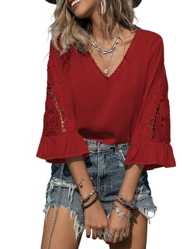 SHEWIN Womens Blouses V Neck 3/4 Length Sleeve Womens Tops Lightweight Shirts for Women Hollow Ou... | Amazon (US)