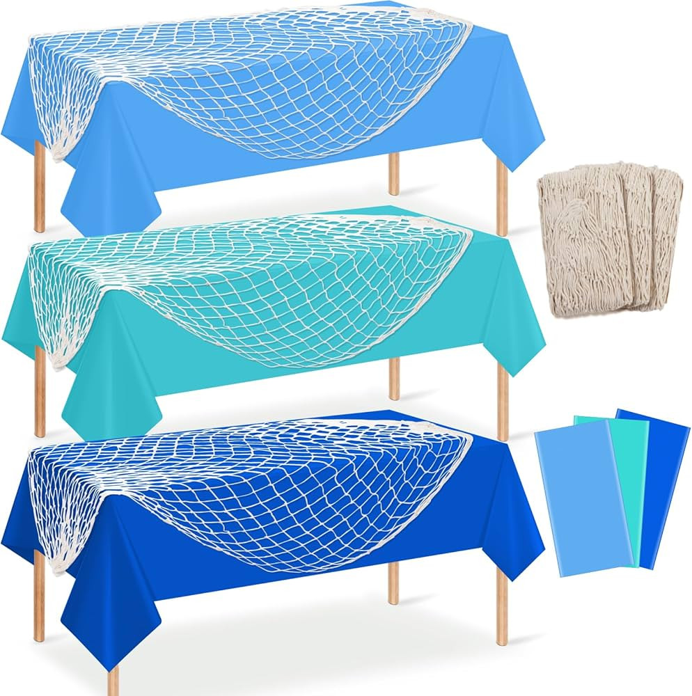 3 Set 6 Pcs Fish Net and Tablecloth Set,Cotton Fishnet and 3 Blue Color Disposable Plastic Table ... | Amazon (US)