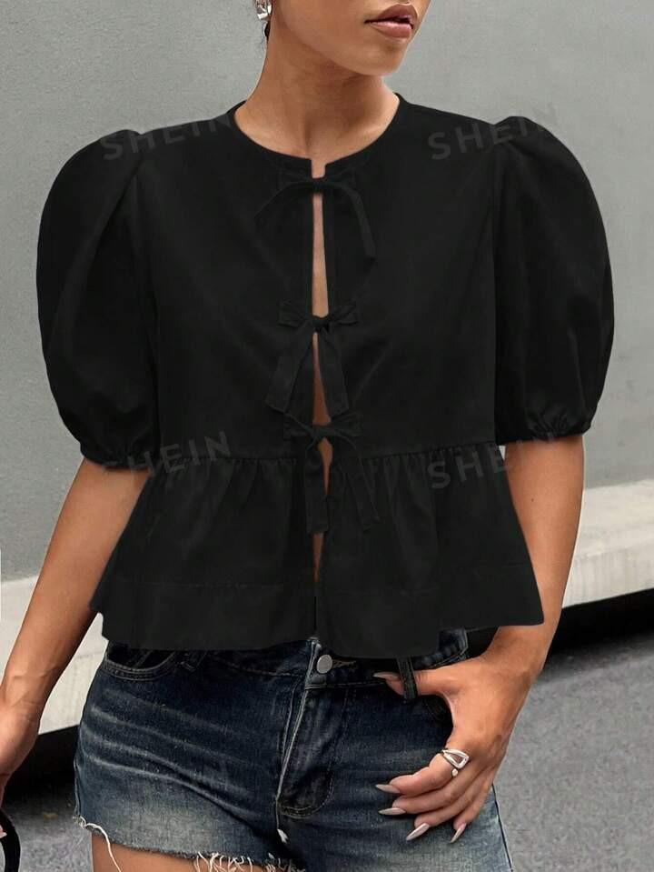 SHEIN EZwear Solid Color Round Neck Tie-Up Women's Shirt With Ruffled Hemline, Summer | SHEIN USA | SHEIN