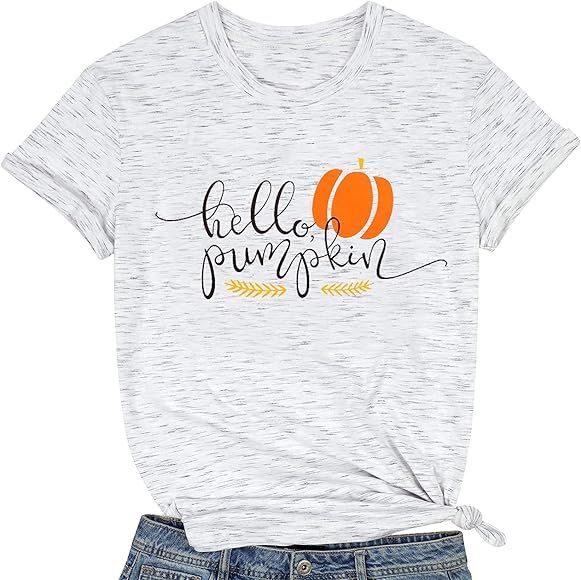 Halloween Pumpkin Shirt Women Plaid Pumpkin Tee Shirt Cute Short Sleeve Fall Shirt Thanksgiving Gift | Amazon (US)