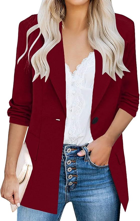 Womens Casual Blazers 3/4 Stretchy Ruched Sleeve One Button Work Office Blazer Open Front Jacket ... | Amazon (US)